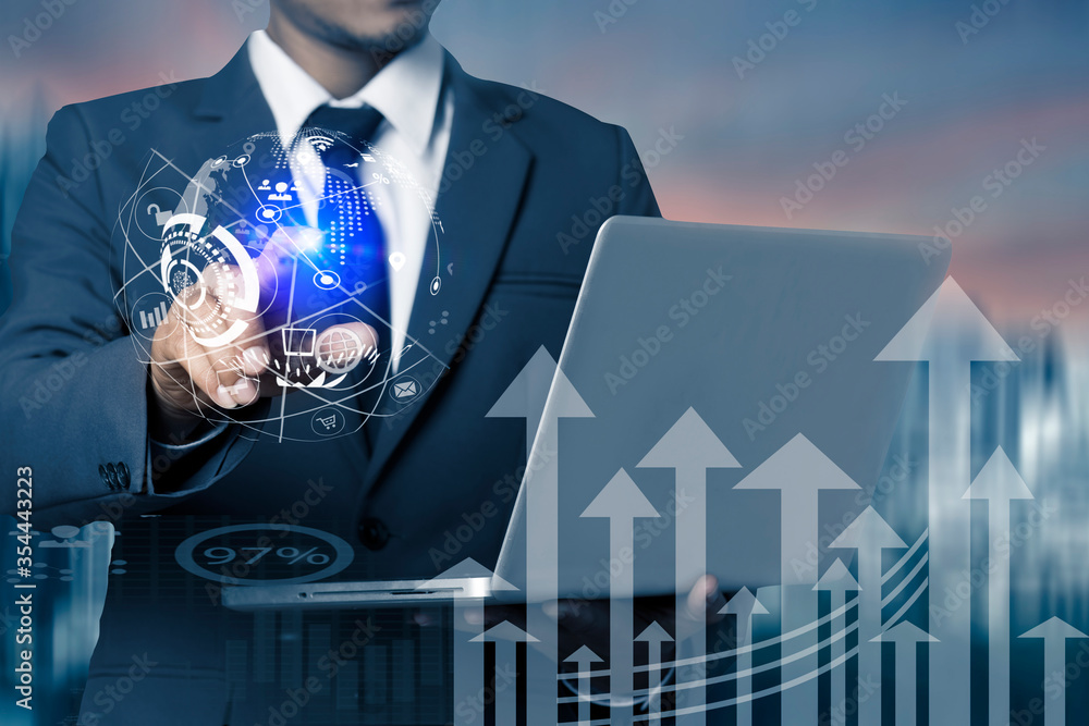 Poster digital marketing of businessman using tablet analyzing sales data and economic growth graph chart, 