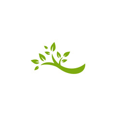 Green curved tree with leaves. Round border with plant.