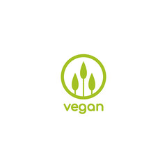 Vegan, veggie product label. Green leaves in circle icon.