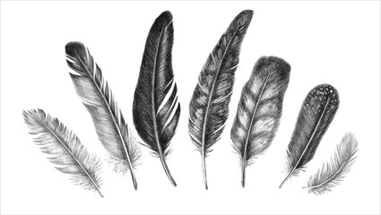 Freehand drawing quill. Tribal illustration of feathers. Isolated on white background in graphic style.