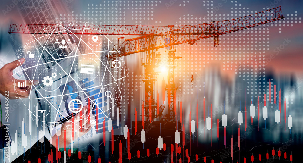 Poster double exposure engineering using digital technology interfaces icon with construction cranes no cit
