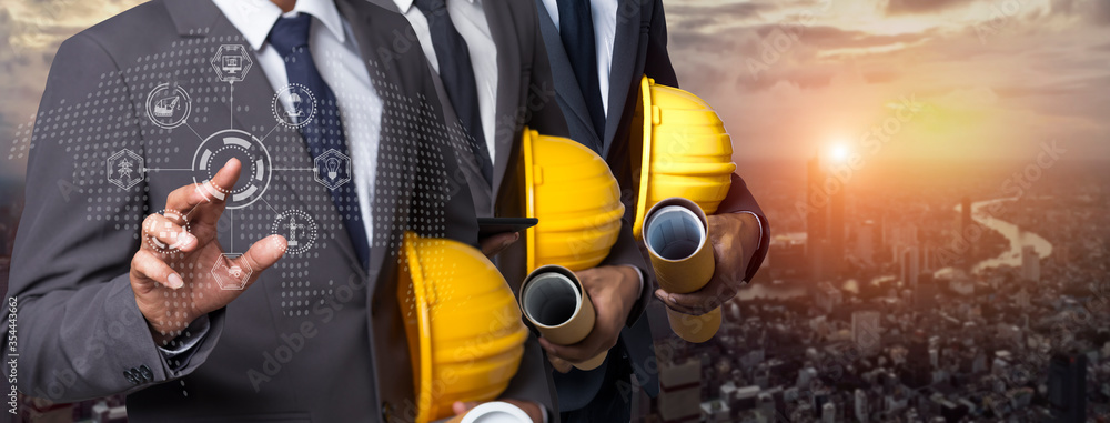 Poster double exposure engineering using digital technology interfaces icon with construction cranes no cit