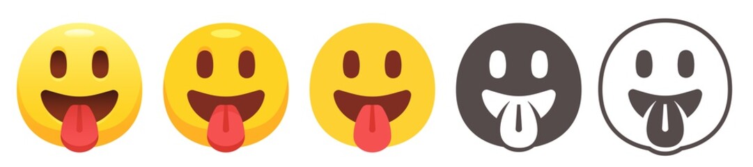 Emoji showing tongue. Happy yellow emoticon show tongue out flat vector emoticon icon set