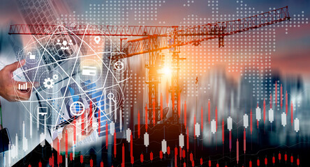 Double exposure engineering using digital technology interfaces icon with construction cranes no city background.