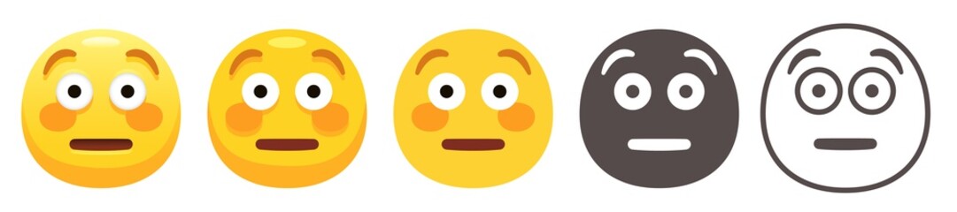 Flushed face emoji. Surprised emoticon with flushed cheeks, astonished flat vector icon set