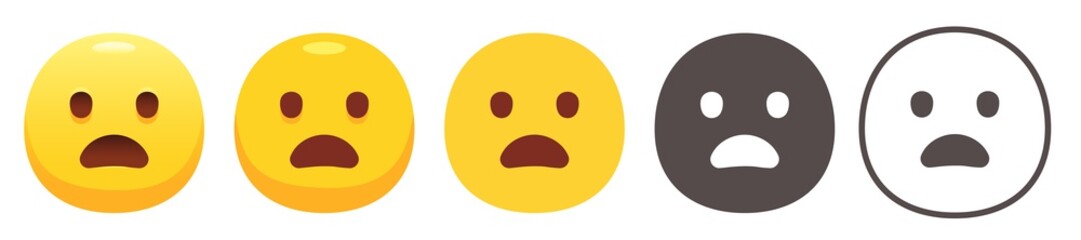 Yawning emoji. Yellow frowning face with open mouth. Disappointment emoticon flat vector icon set