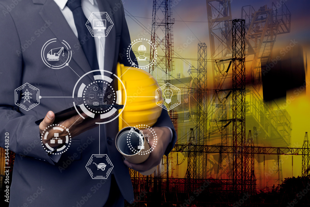 Poster double exposure engineering using digital technology interfaces icon with construction cranes no cit