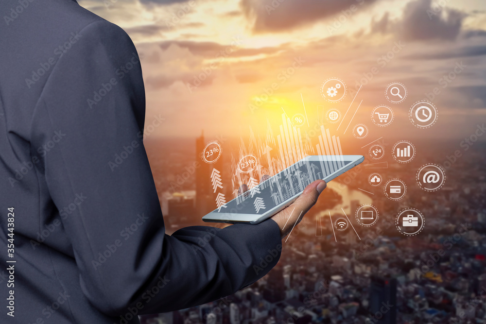 Poster digital marketing of businessman using tablet analyzing sales data and economic growth graph chart, 
