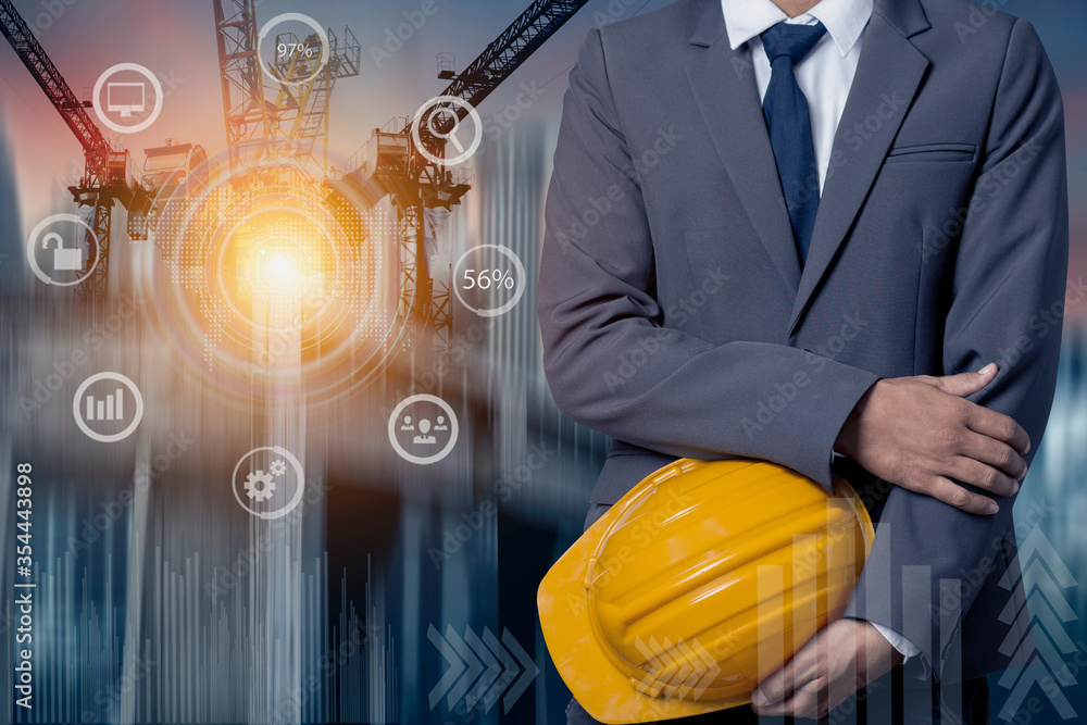 Poster double exposure engineering using digital technology interfaces icon with construction cranes no cit