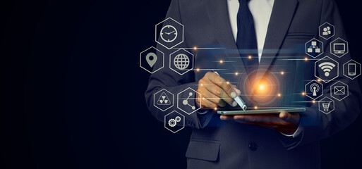 Digital marketing of Businessman using tablet analyzing sales data and economic growth graph chart, Technology and icon customer global network connection.