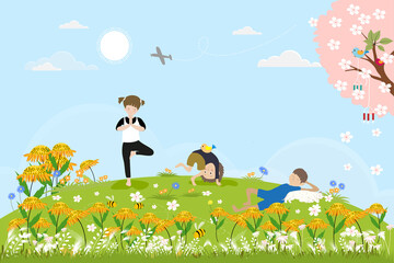 Cute cartoon Spring landscape with Children having fun the park, boy sleeping with cat under the tree, other kids doing yoga. Vector spring scene with birds family standing on cherry blossom branches.