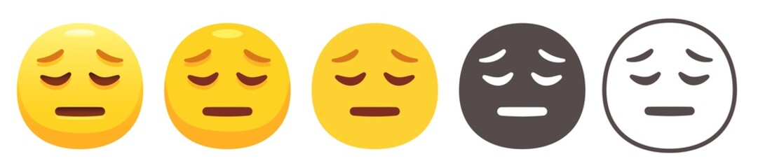 Pensive emoji. Remorseful yellow face with closed eyes, flat mouth and sad furrowed eyebrows. Sorrowful emoticon flat vector icon set