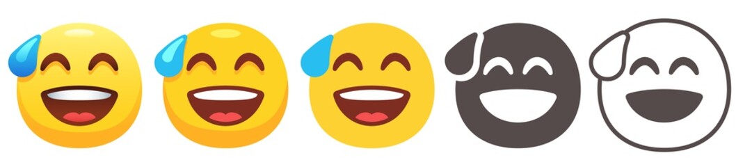 Grinning emoji with sweat drop. Don't funny, awkward joke or embarrassed laughing emoticon vector flat icon set