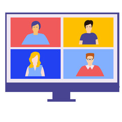 Stay and work from home. Video conference. Workplace, laptop screen, group of people talking by internet. Stream, web chatting, online meeting friends. Isolation. Remote work, technology concept