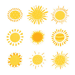 Cute Sun with Abstract Patterns Vector Set. Hand Drawn Doodle Different Suns Icon
