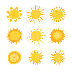 Cute Sun with Abstract Patterns Vector Set. Hand Drawn Doodle Different Suns Icon
