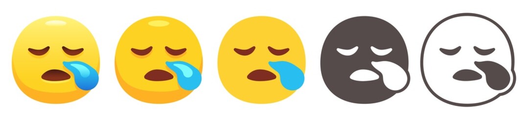 Sleepy yellow face with closed eyes and blue snot bubble from nose. Tired emoji or sleeping emoticon flat vector icon set