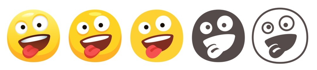 Zany emoji. Yellow goofy face with one large and one small eye. Crazy emoticon flat vector icon set - obrazy, fototapety, plakaty