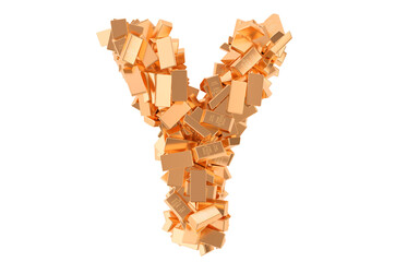 Letter Y, from golden ingots. 3D rendering