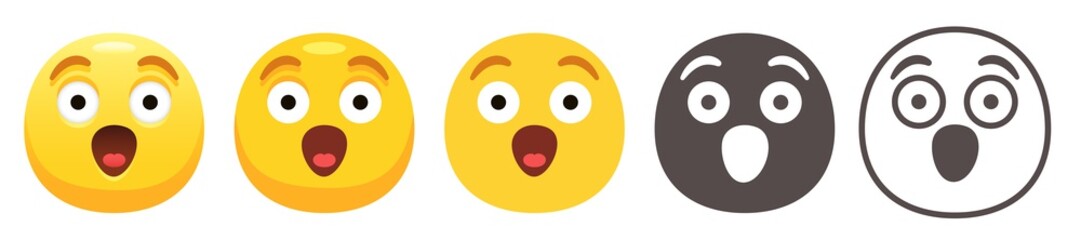 Surprised emoji. Yellow face with open mouth, big open eyes and raised eyebrows. Shocked emoticon flat vector icon set