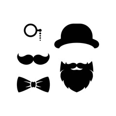 Gentleman set isolated on white. moustache, lorgnette glasses, smoking pipe and bowler hat.