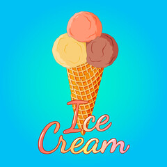 Ice cream.Sweet delicate chocolate vanilla and strawberry balls in a crispy waffle glass.Vector illustration.