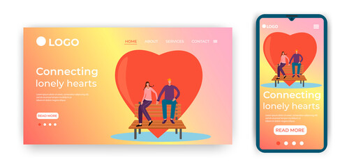 Connecting lonely hearts.People sit on a bench against the background of a heart.Template for the user interface of the site's home page.Landing page template.The adaptive design of the smartphone.vec