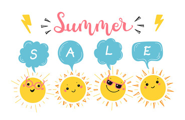Colorful Summer Sale Banner with Cartoon Doodle Funny Cute Sun and Speech Bubble. Vector Happy Kawaii Sun Characters Set
