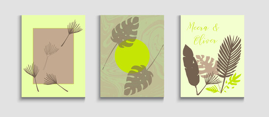 Abstract Vintage Vector Posters Set. Tie-Dye, Tropical Leaves Banners. 