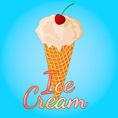 Ice cream.Sweet vanilla ice cream in a crunchy Cup with a cherry on top.Vector illustration.