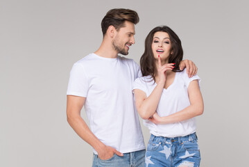 Naklejka premium Happy summer cute couple wearing blue jeans