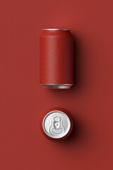 red classic aluminum can for carbonated drinks on a red background, 3D rendering, web banner or logo