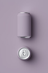 violet classic aluminum can for carbonated drinks on a violet background, 3D rendering, web banner or logo