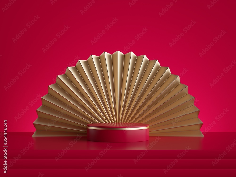 Poster 3d rendering, abstract red gold background with empty fashion podium, chinese style round box and go
