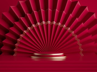 3d rendering, abstract festive red gold background with empty pedestal, fashion podium, round stage and folded paper fan, blank chinese style showcase template for product display