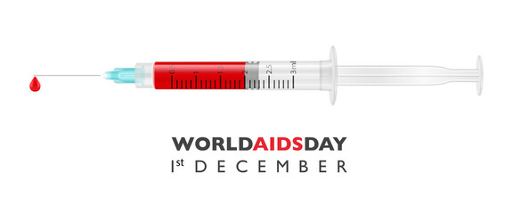 World AIDS Day. Banner, Placard. Donate Blood Concept with 3d Realistic Vector Syringe Isolated on White Background. Design Template