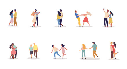 Collection of ten different romantic couples on a date holding hands, dancing, kissing, embracing and taking a selfie on white, colored vector illustration