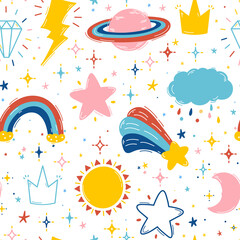 Vector Bright Colorful Background with Cute Weather and Celestial bodies: Planet, Rainbow, Sun, Stars, Clouds, Moon and Jewels. Sky and Space Seamless Pattern for Kids, Nursery, Baby Shower design
