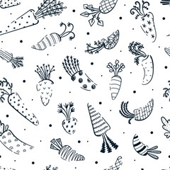 Cute Carrot Background. Seamless pattern of Hand Drawn Doodle Outline Carrots with Abstract Pattern. Cartoon Vegetables Vector Black and White Food Wallpaper
