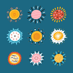 Colorful Cute Suns Icons Vector Set. Hand Drawn Doodle Sun with Abstract Patterns
