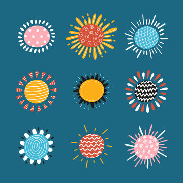 Colorful Cute Suns Icons Vector Set. Hand Drawn Doodle Sun with Abstract Patterns
