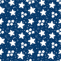 Space Seamless Pattern. Cute Starry Sky. Doodle White Stars on Dark Blue Background. Festive Star Wallpaper. Vector Holiday and Birthday Party Design
