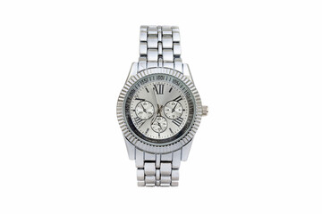 Silver colored metal chronograph wristwatch with jubilee bracelet, white dial face and roman numerals isolated on white background.