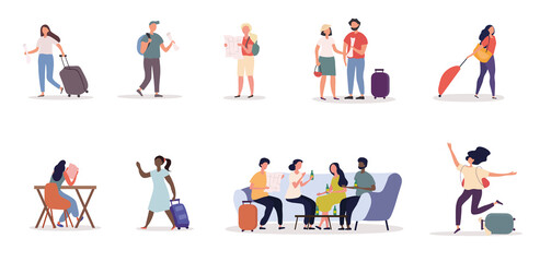 Set of people travelling with luggage and maps with individual men and women and couples or groups, colored vector illustration