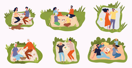 People spending time on a picnic. Set of diverse people eating meals outdoors. Flat vector illustration.