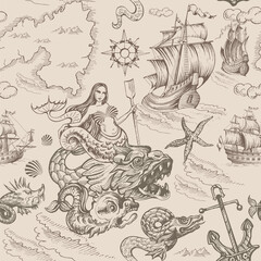 Fototapeta na wymiar Vector abstract seamless pattern on the theme of travel, adventure and discovery and pirates. Vintage repeating background with hand-drawn ships, anchors, islands and sea monsters.