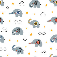 Cute Little Elephants Vector Seamless Pattern. Baby Elephant, Stars and Dots. Doodle Cartoon Animals Background for Kids. Children's wallpaper 