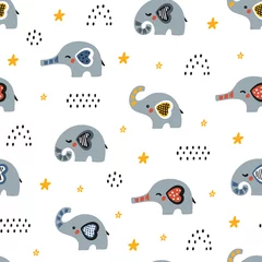 Foto op Plexiglas Olifant Schattige kleine olifanten Vector naadloze patroon. Babyolifant, sterren en stippen. Doodle Cartoon dieren achtergrond voor kinderen. Kinderbehang