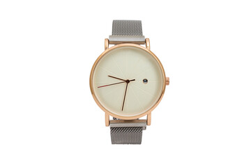 Classic dress wristwatch with gray matte metal mesh strap and white dial face with date function,...