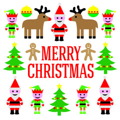 vector illustration of cute cartoon style christmas characters with merry christmas message
